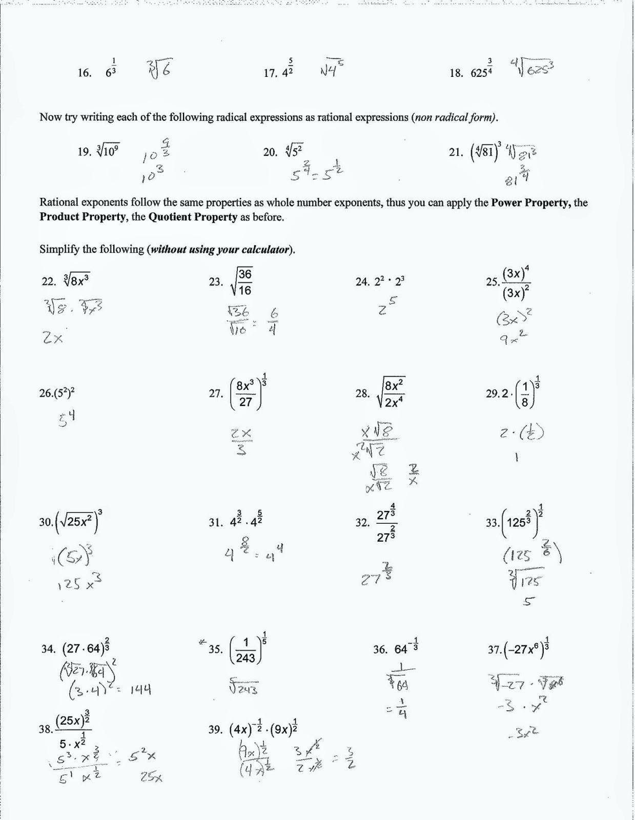 Algebra 2 Simplifying Radicals Imaginary Numbers Worksheet