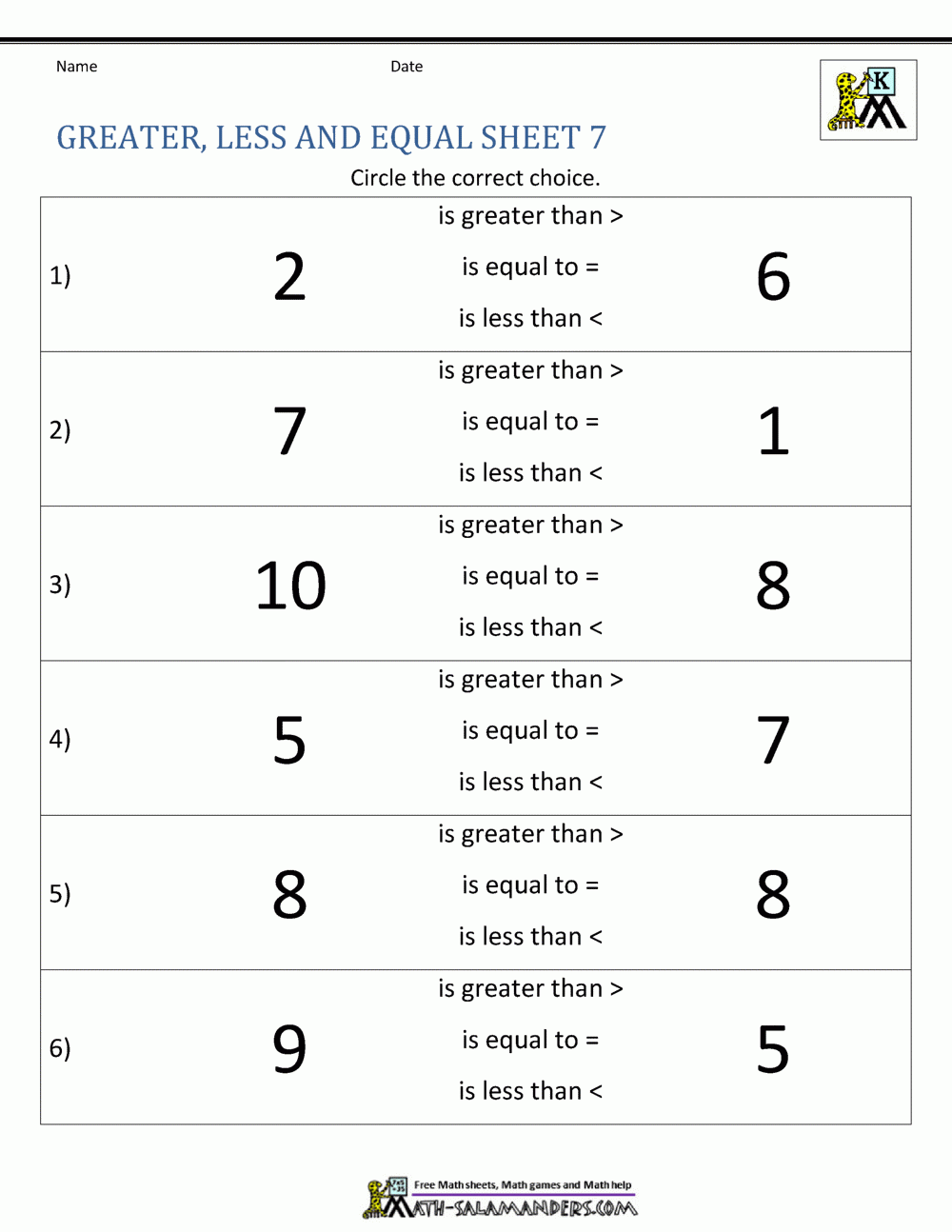 Comparing Numbers Worksheet Comparing Numbers And