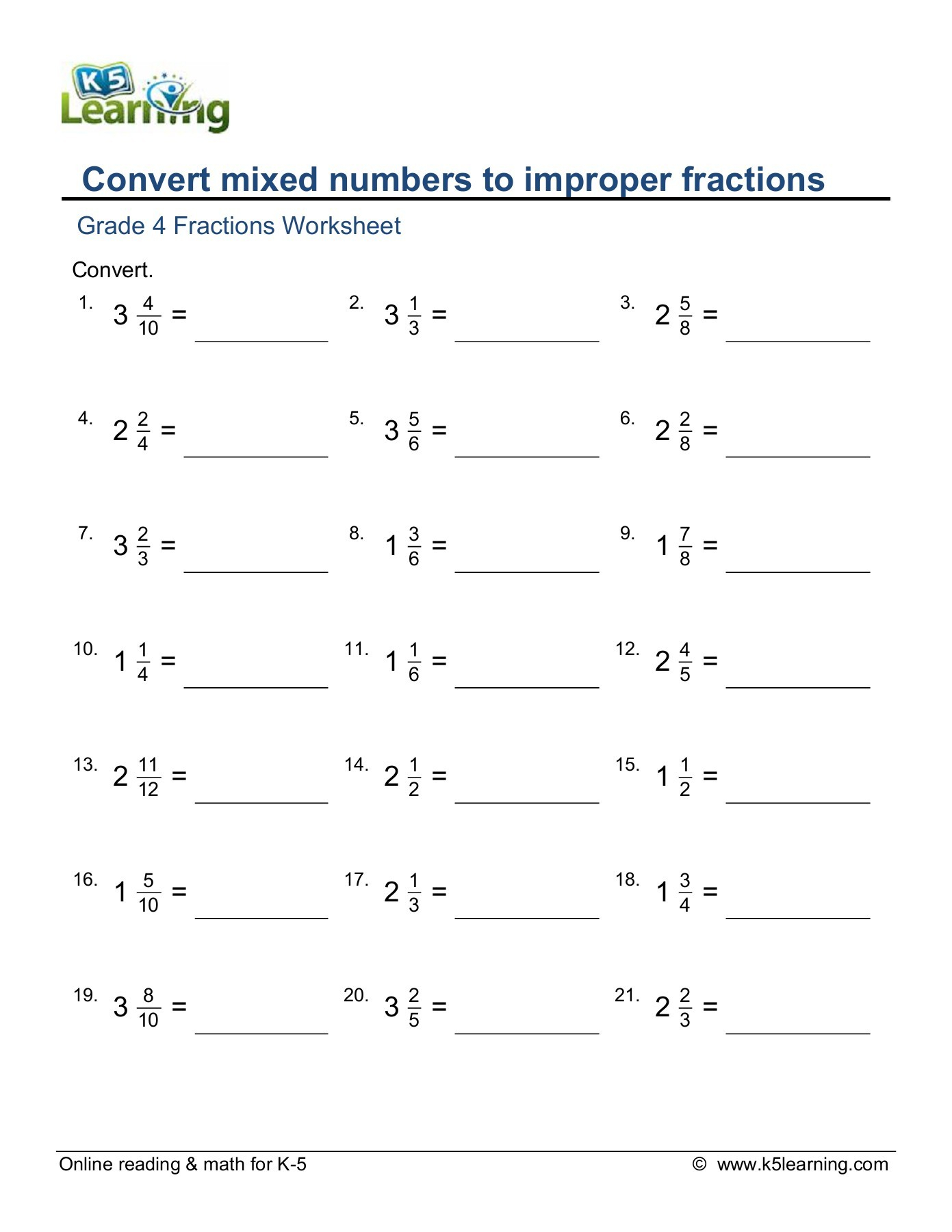 Converting Improper Fractions To Mixed Numbers Worksheet