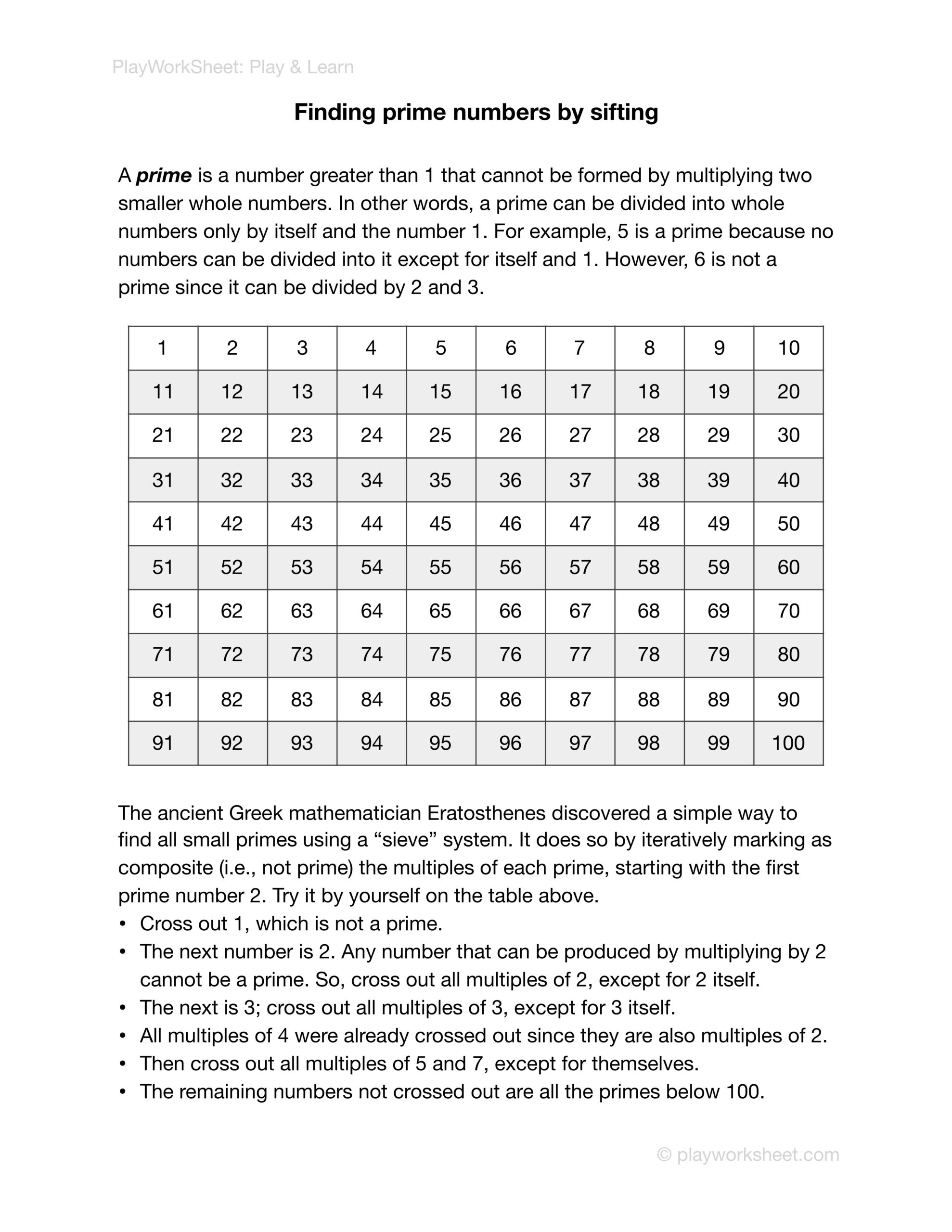 Finding Prime Numbers By Sifting Free Printable