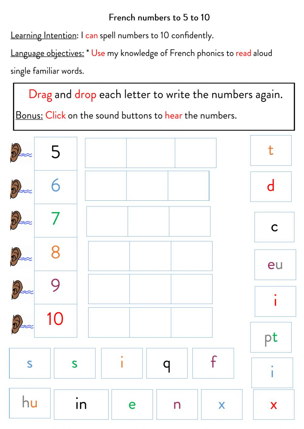 French Numbers 5 To 10 Worksheet