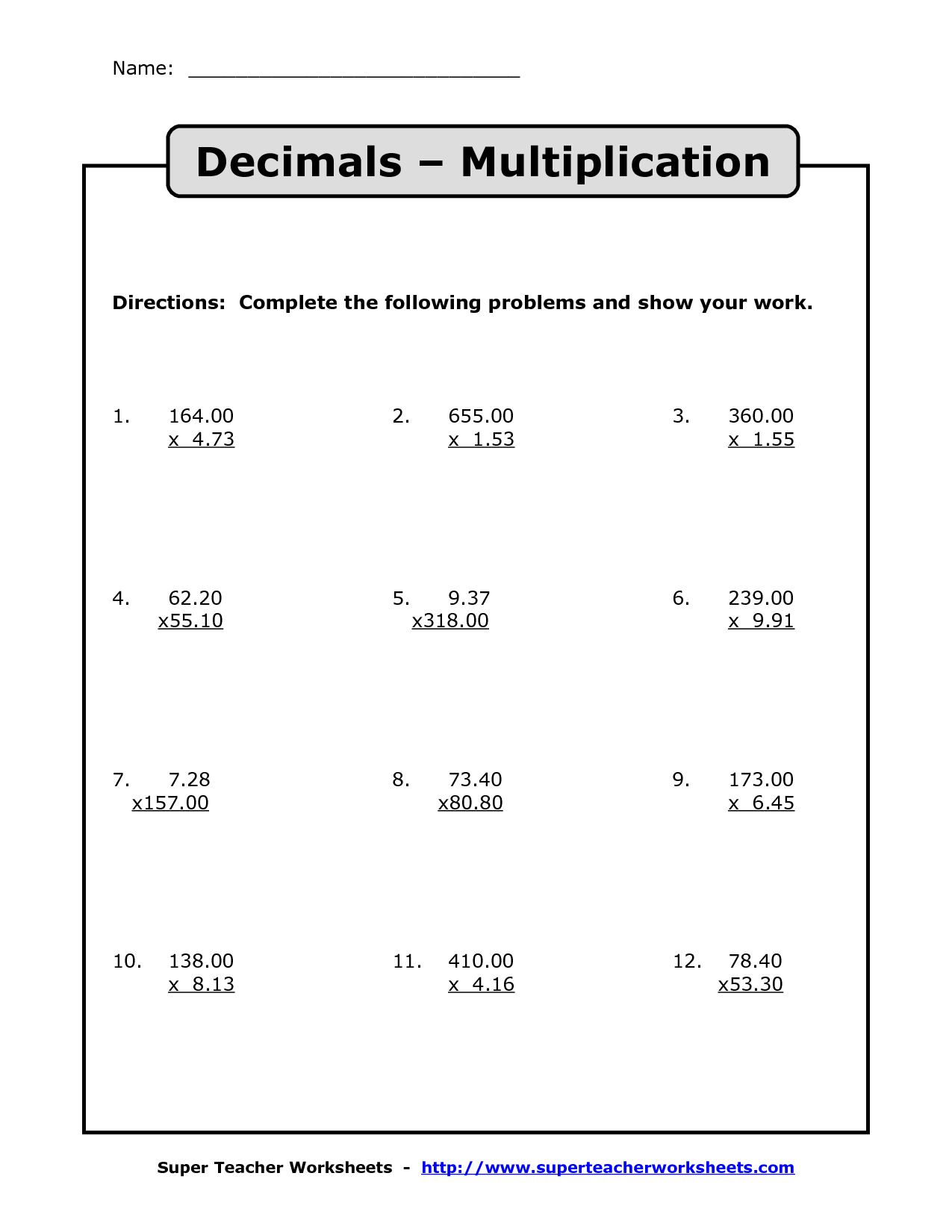 Multiplication And Division Of Decimals Worksheets Pdf