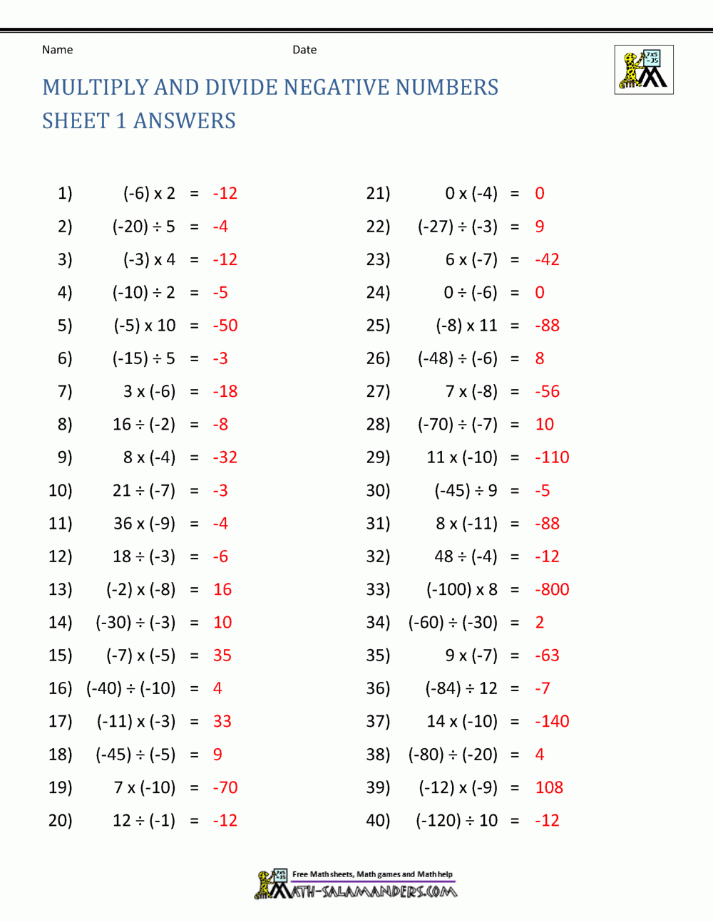 Multiplication And Division Of Positive And Negative