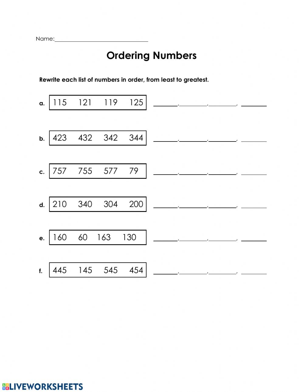 Ordering Numbers 3 Digit Interactive Worksheet