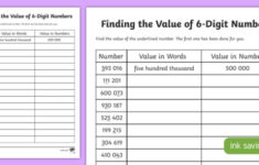 Place Value Finding The Value Of 6 Digit Numbers Worksheet