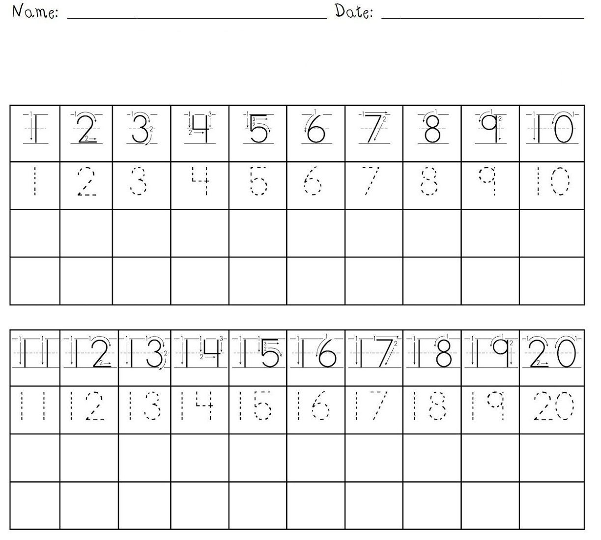 Preschool Number Tracing Worksheets 1 20