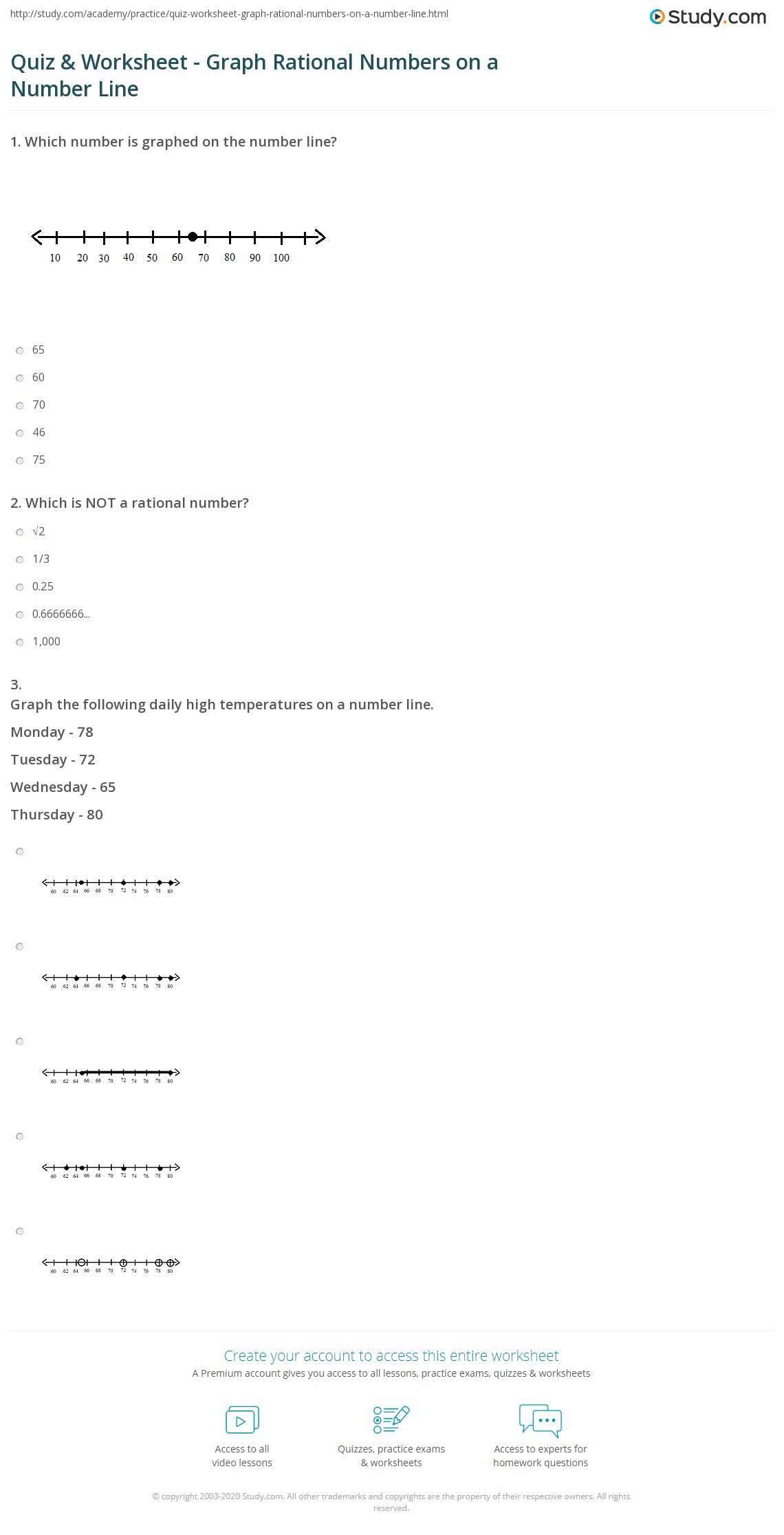 Quiz Worksheet Graph Rational Numbers On A Number Line