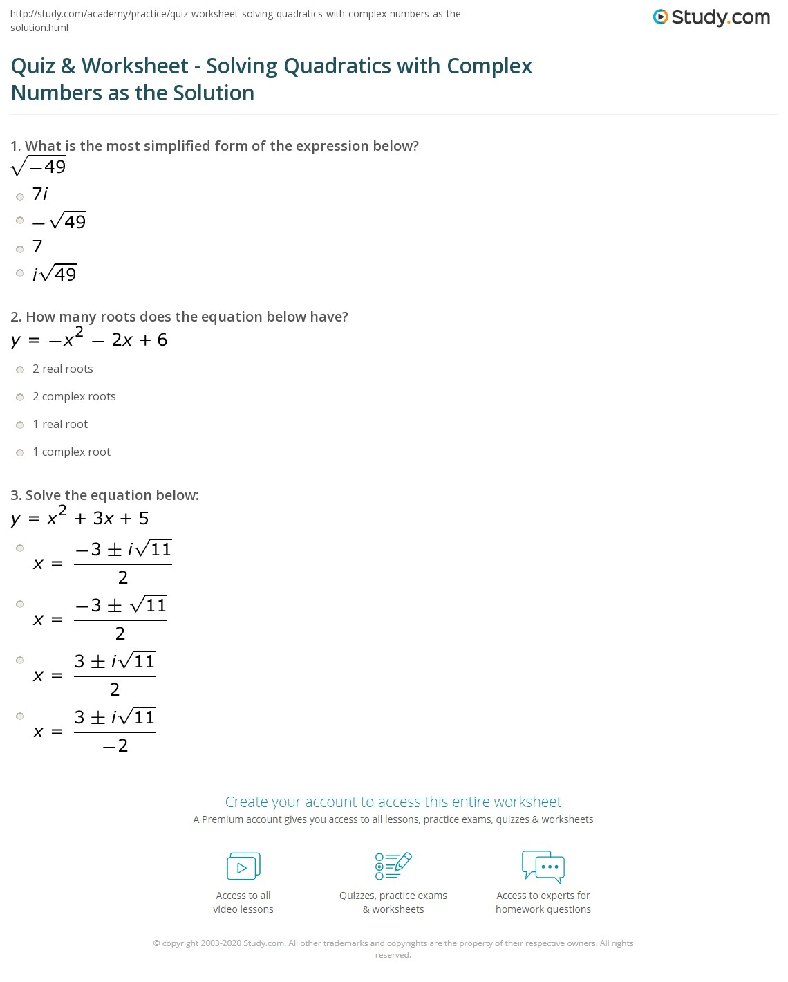 Quiz Worksheet Solving Quadratics With Complex Numbers