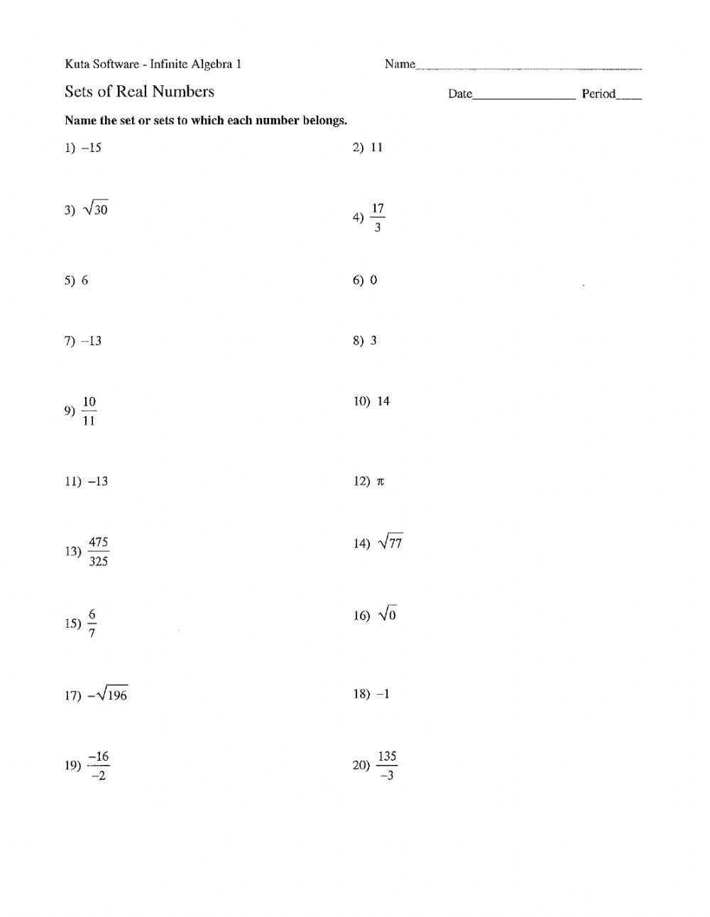 Real Numbers Practice Worksheet