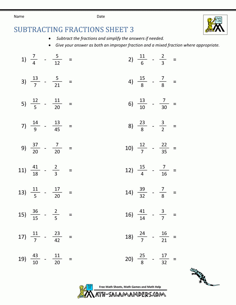 Subtracting Fractions With Unlike Denominators Worksheet