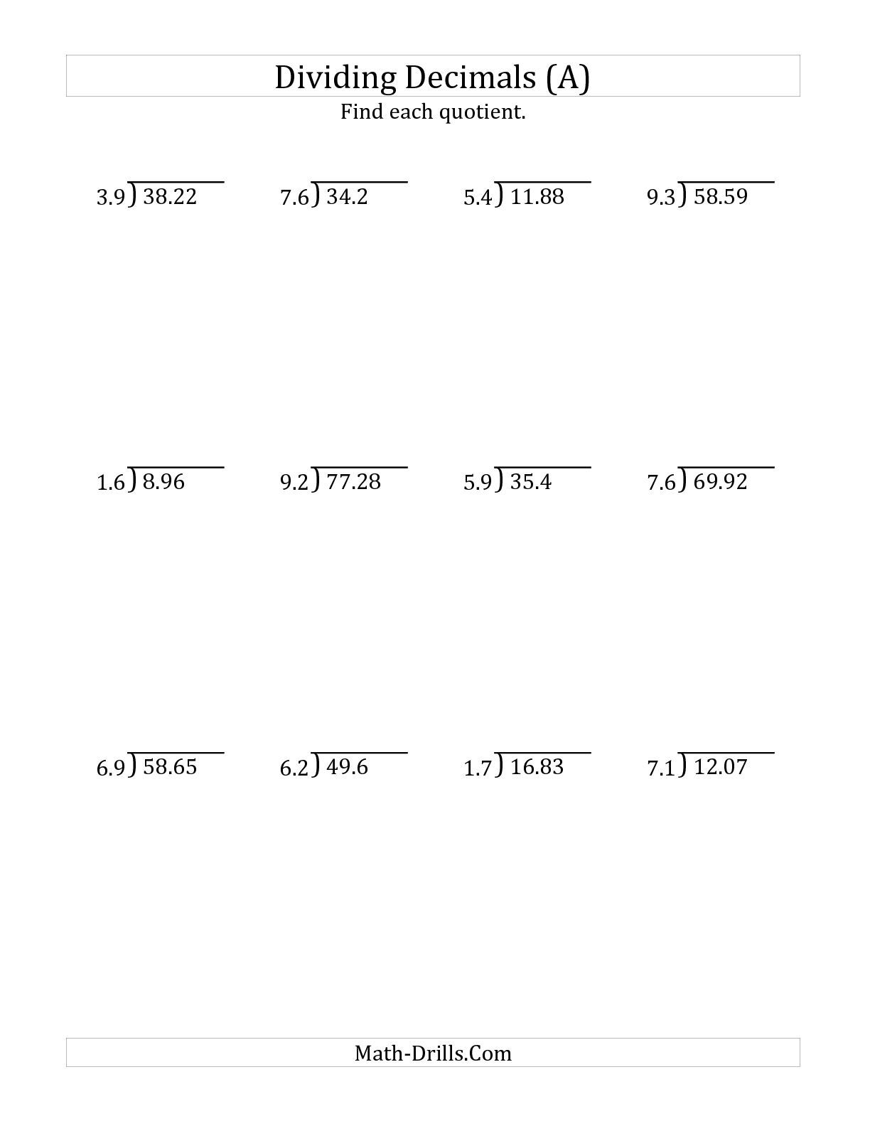 The Dividing Decimals By 2 Digit Tenths A Math Worksheet