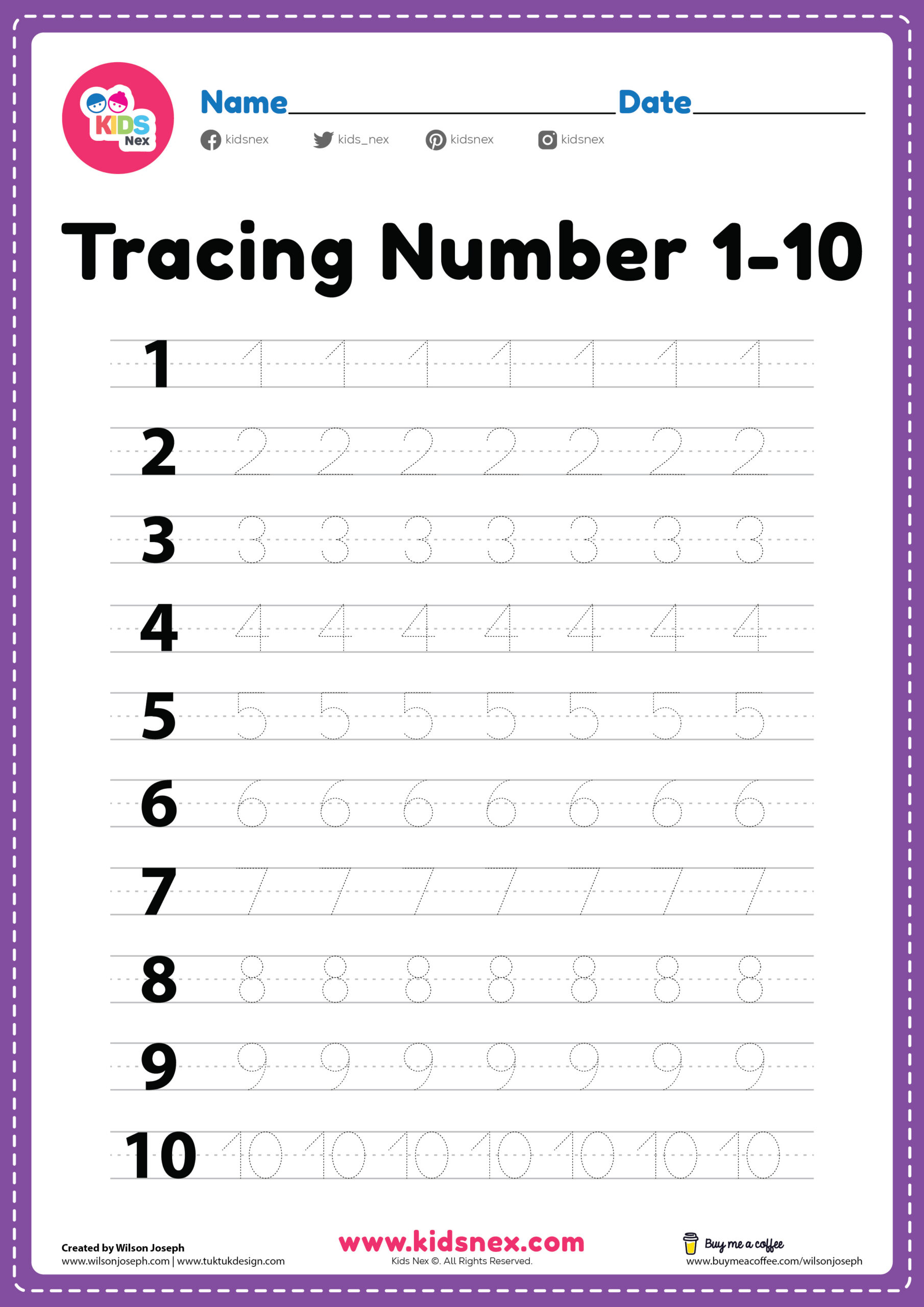 Tracing Number 1 10 Worksheet Free PDF Printable For Kids