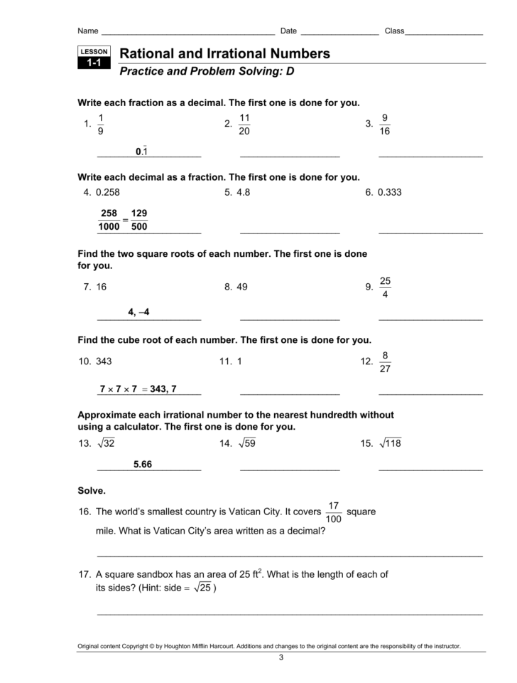 Rational Vs Irrational Numbers Worksheet