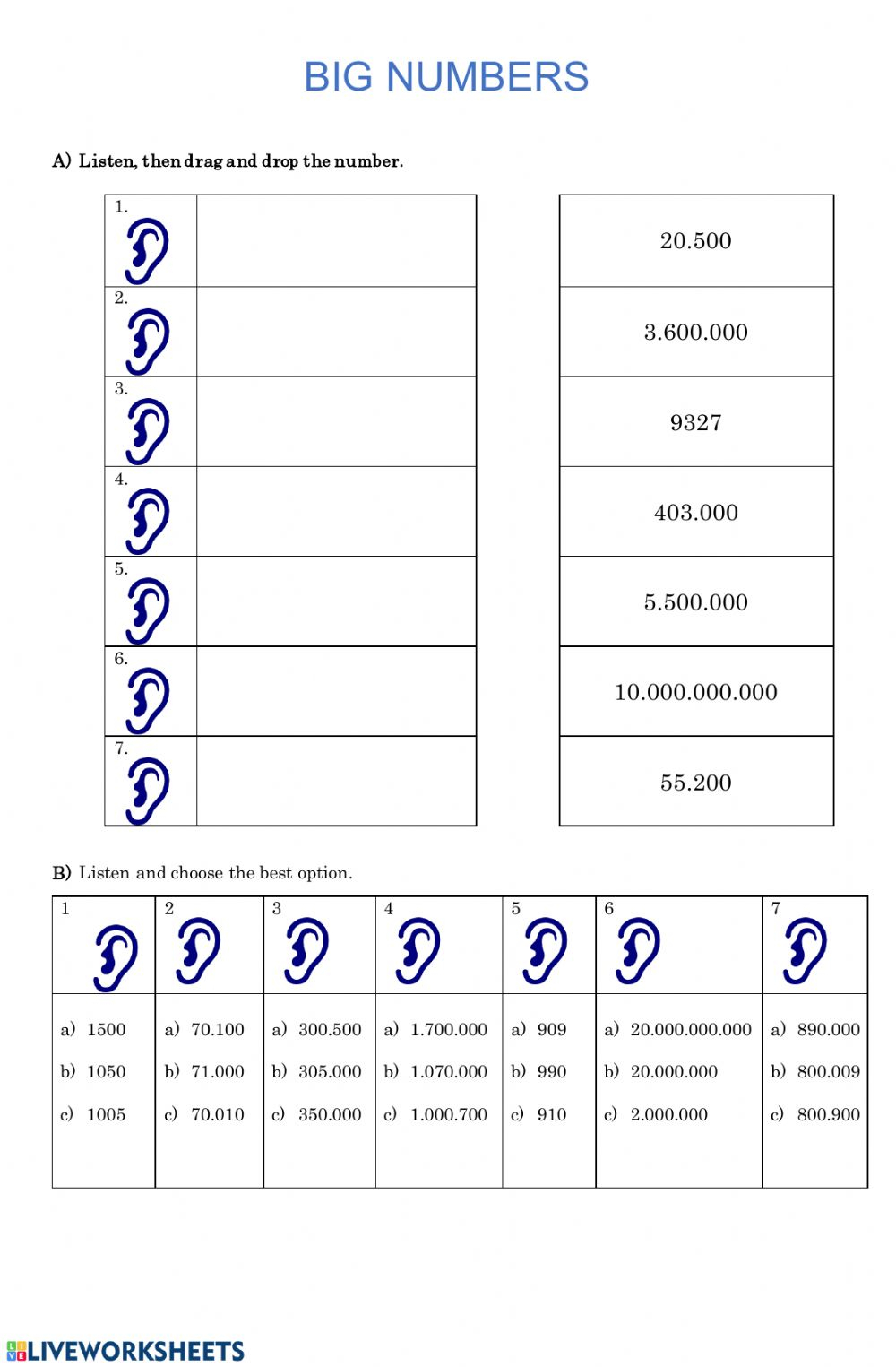 Big Numbers Listening Worksheet