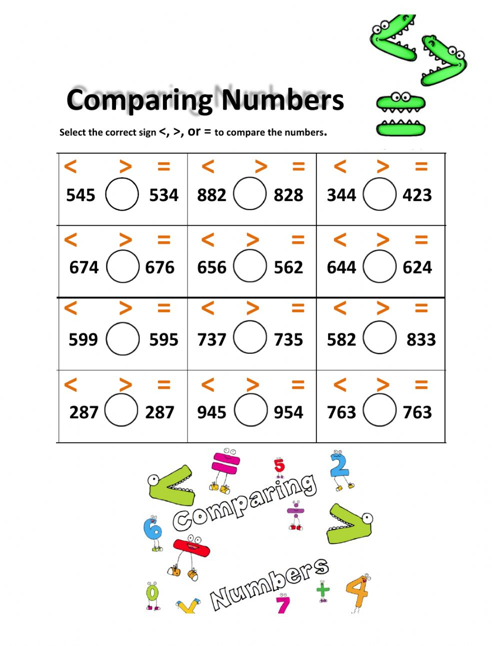 Comparing 3 digit Numbers Worksheet