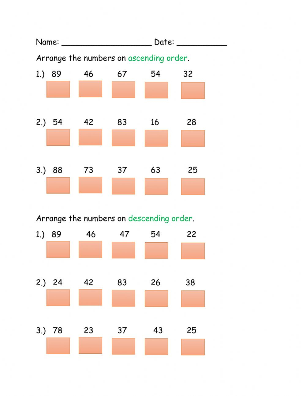 Comparing And Ordering Whole Numbers Worksheet