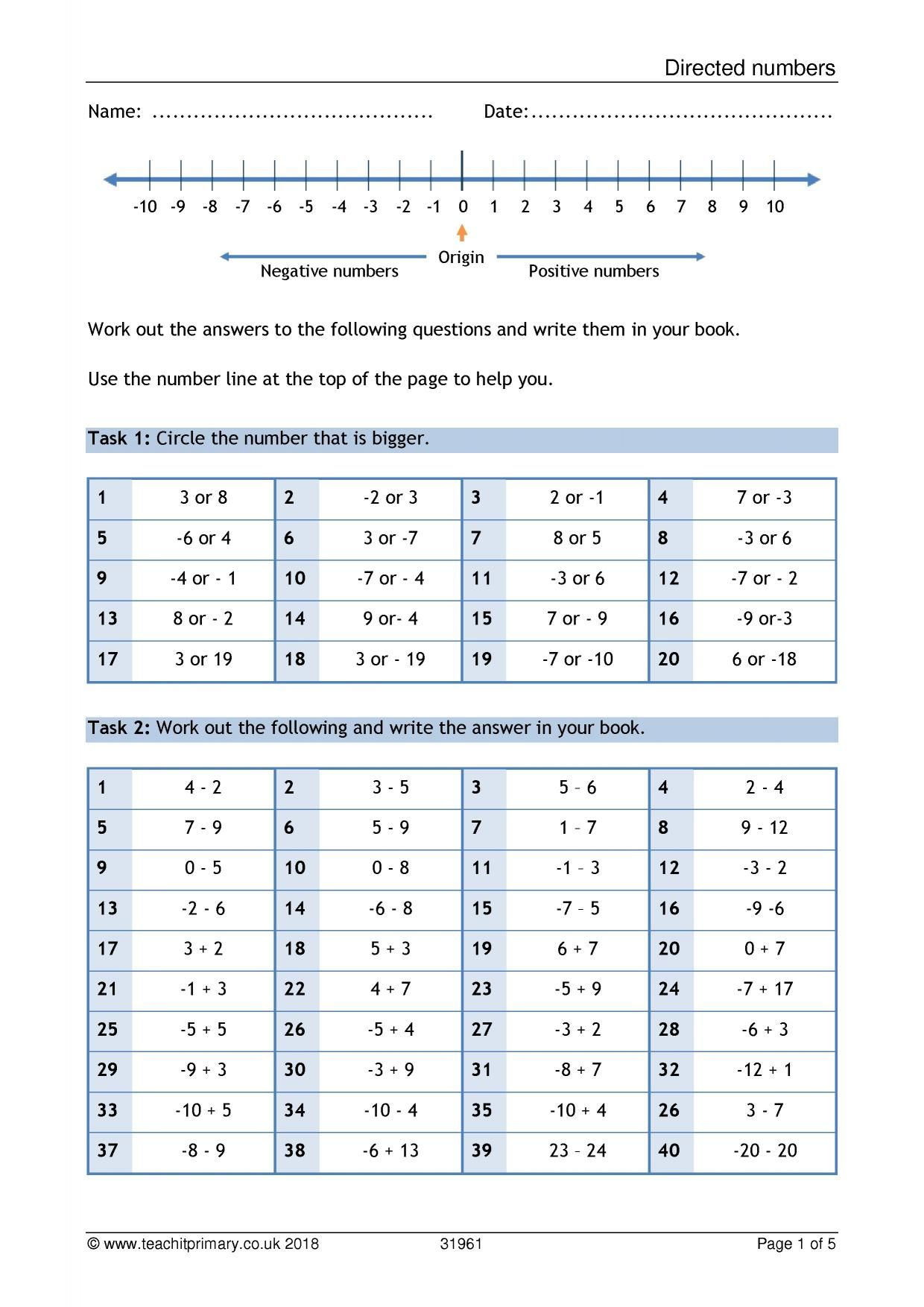 directed numbers directed numbers negative numbers worksheet