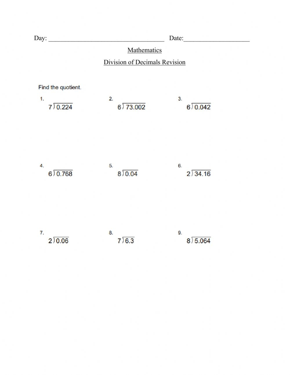 Dividing Decimals By Whole Numbers Worksheet