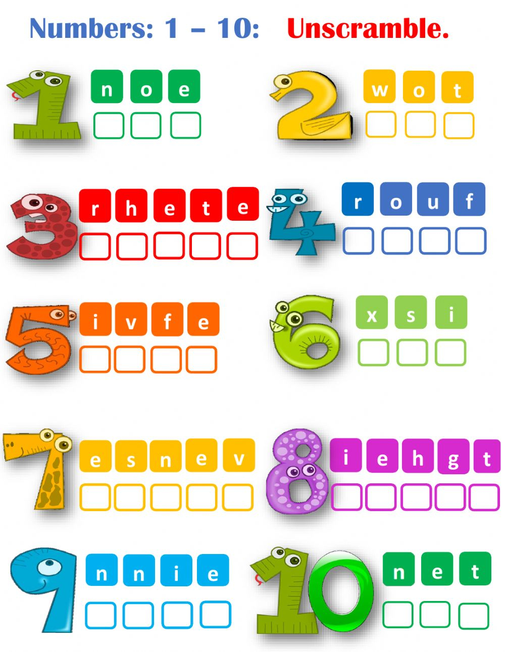 Numbers 1 10 Unscramble Worksheet