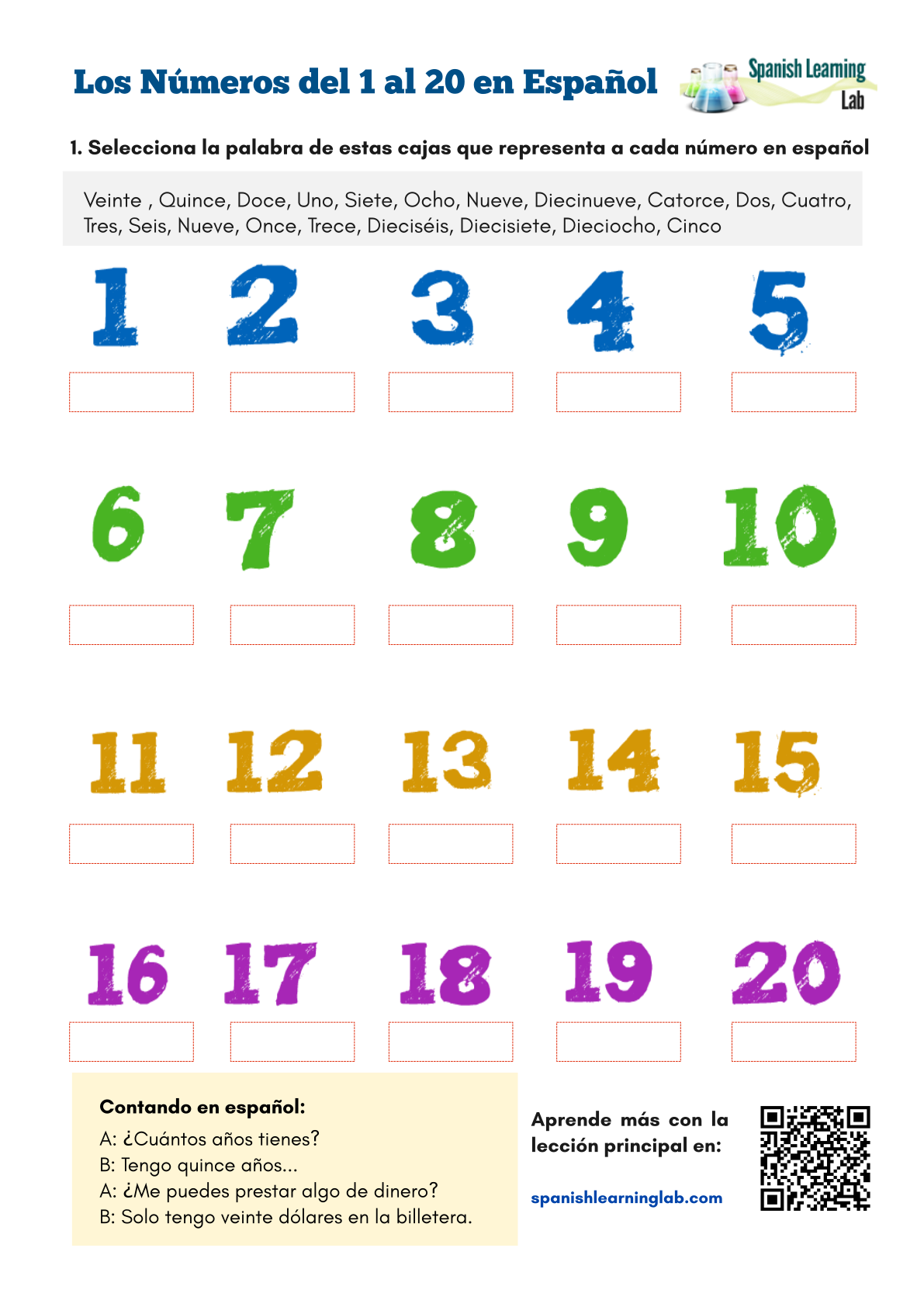 Numbers In Spanish From 1 To 20 PDF Worksheet SpanishLearningLab