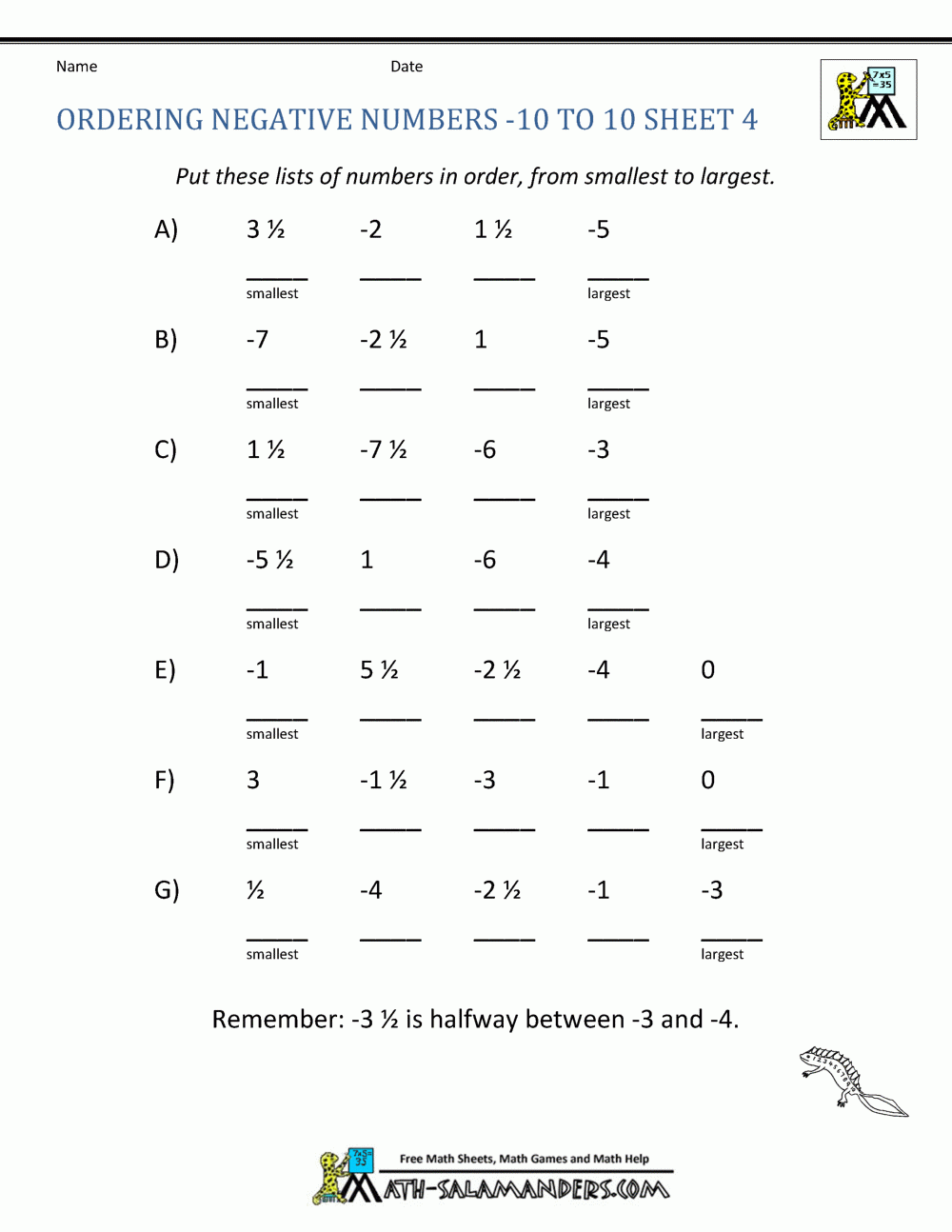 Ordering Negative Numbers From 10 To 10