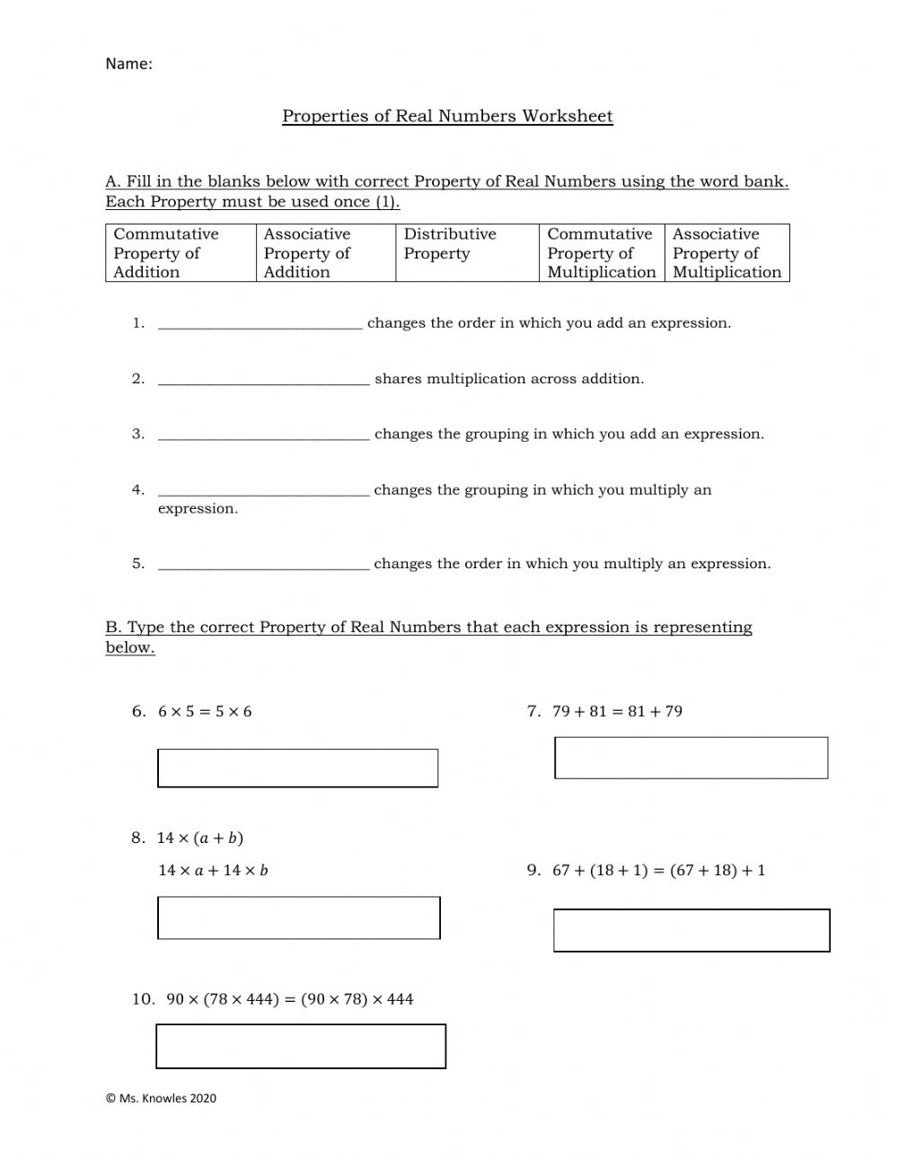 Properties Of Real Numbers Worksheet