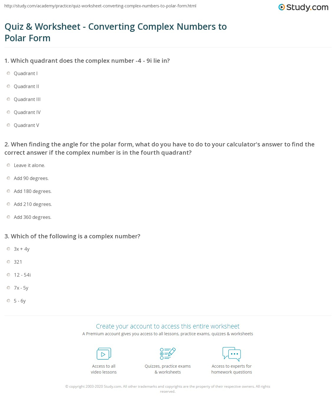 Quiz Worksheet Converting Complex Numbers To Polar Form Study