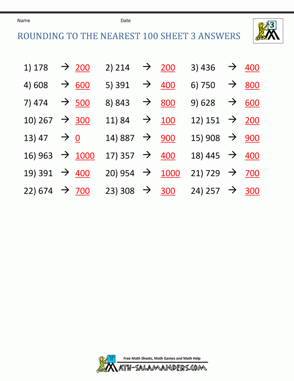 Rounding To The Nearest 100 Worksheets