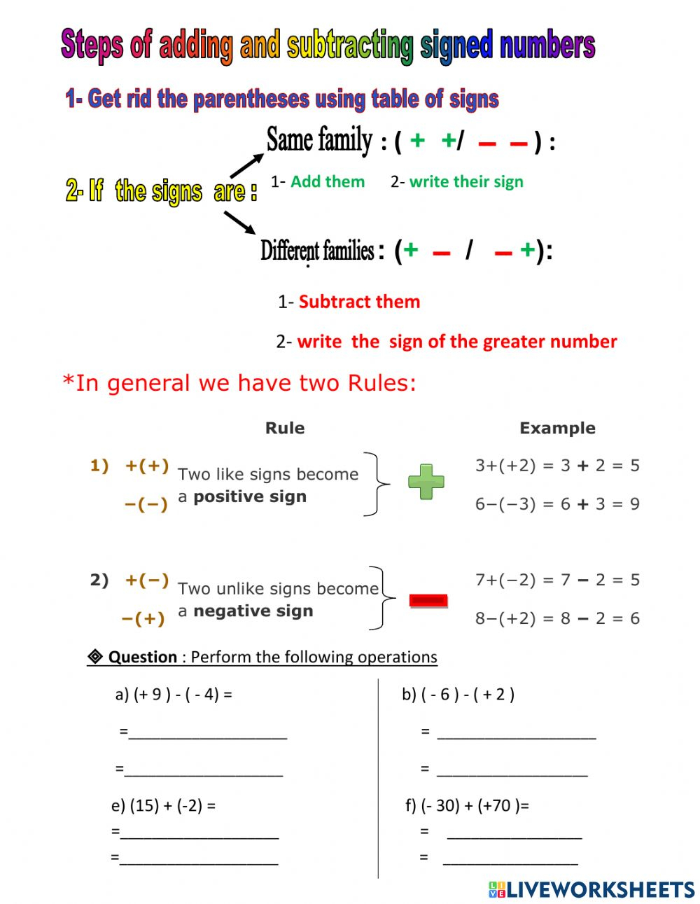 Signed Numbers Worksheet