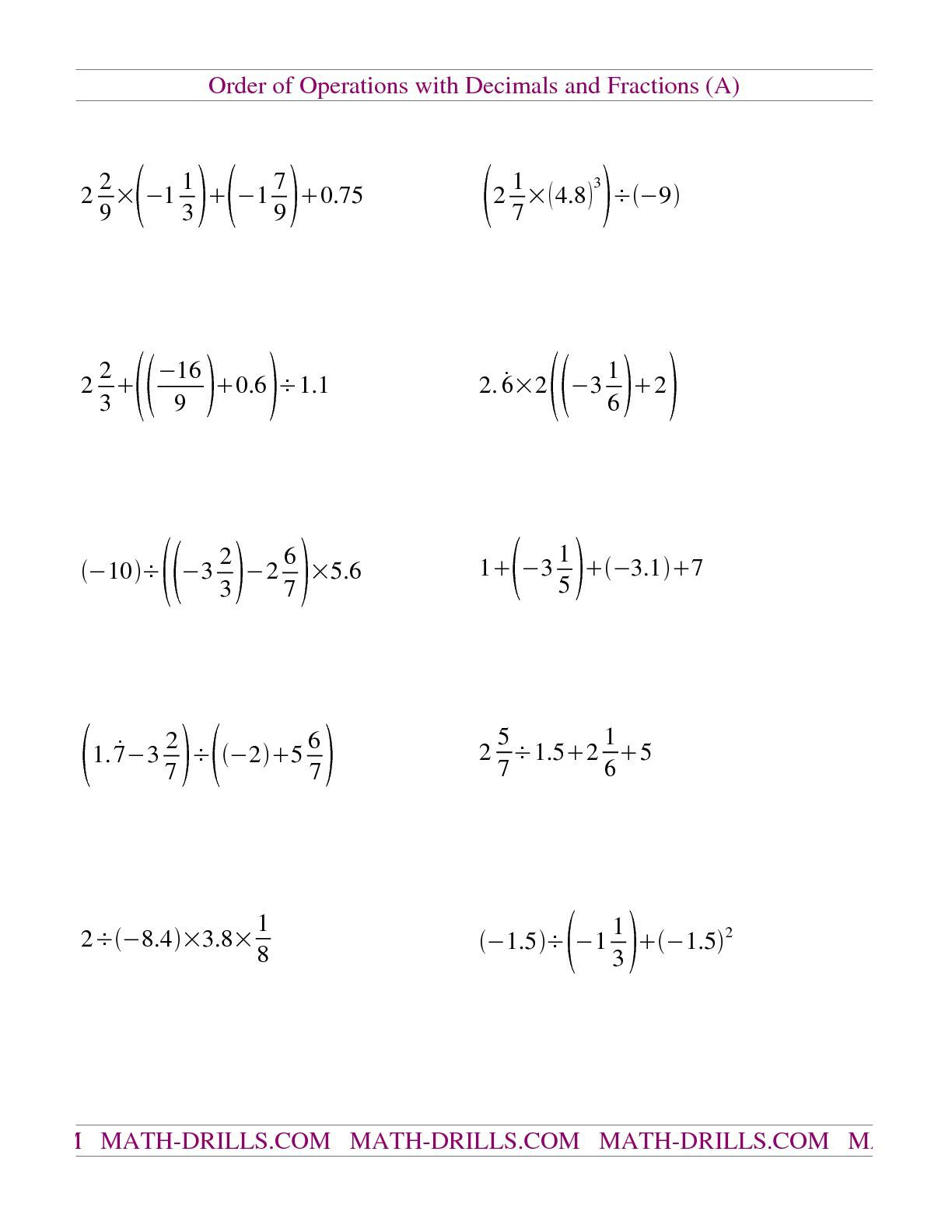 The Decimals And Fractions Mixed With Negatives A Math Worksheet From